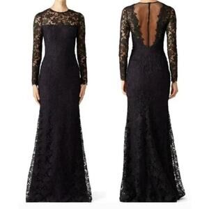 ML Monique Lhuillier Lace Tower Dress Sheer Back Lace Overlay Maxi Black Size 6